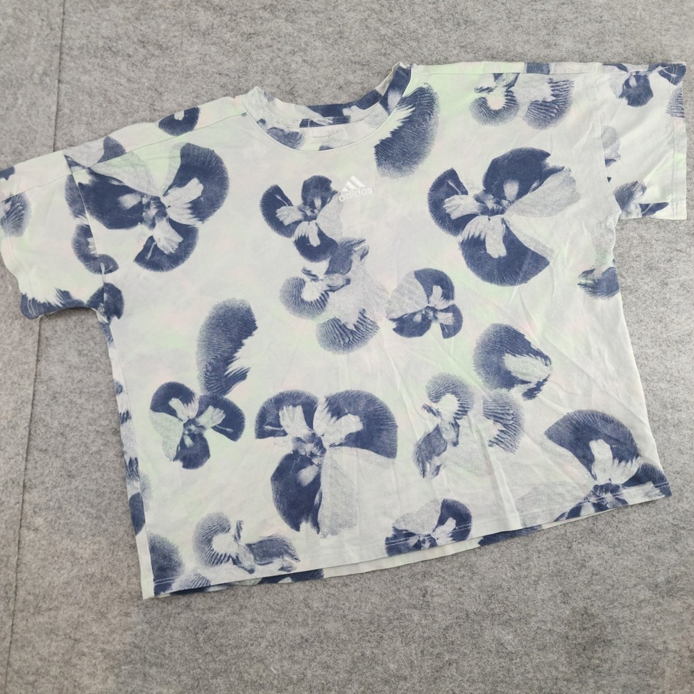 Adidas Womens Large‎ White Blue Floral Loose Fit Boxy Cropped Graphic Tee Shirt